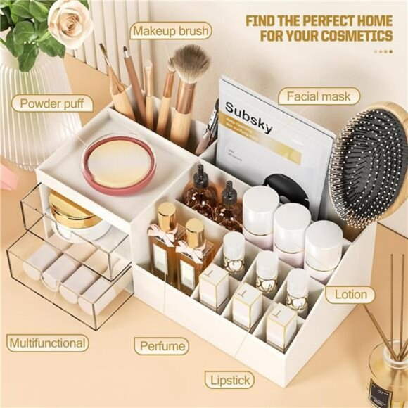 White makeup organizer with drawers countertop storage for vanity bathroom - Picture 4 of 7
